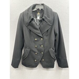 DEPT BLACK DOUBLE BREASTED PEACOAT WOMENS L BRASS BUTTONS WOOL BLEND MILITARY